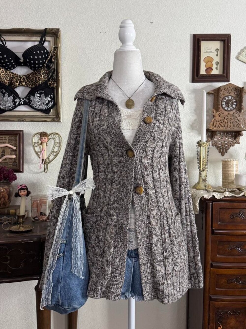 Y2k cozy boho fairy grunge brown cable knit open front cardigan w pockets